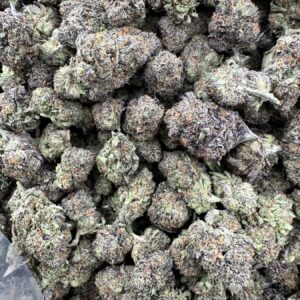Rainbow Gruntz top-shelf flower displaying premium trichome frosting, compact calyx layers, and terpene-rich resinous surface