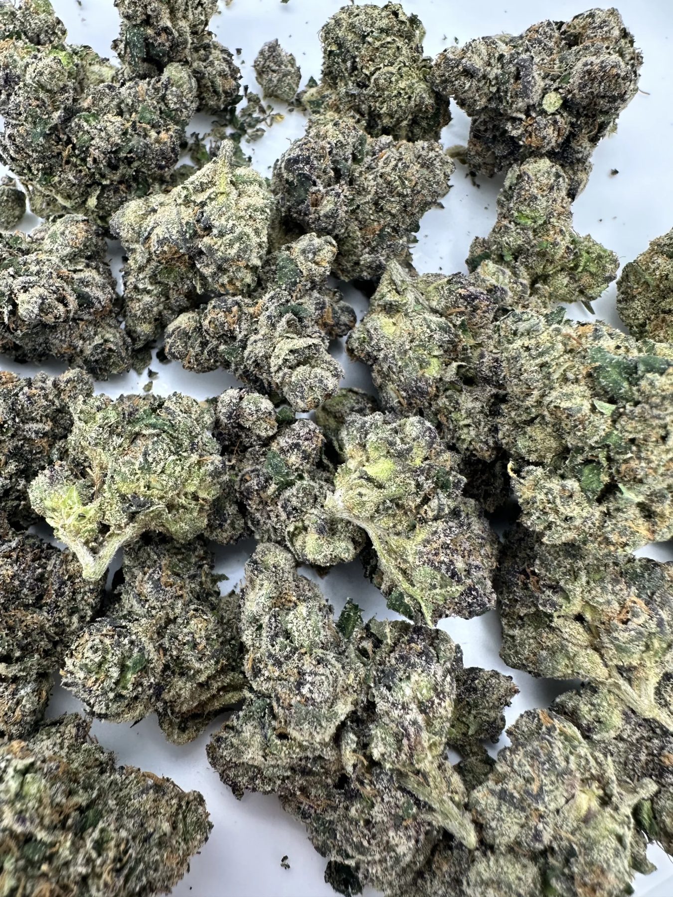 Stuntz strain top-shelf flower macro displaying terpene-rich buds with heavy trichome frosting and refined calyx structure